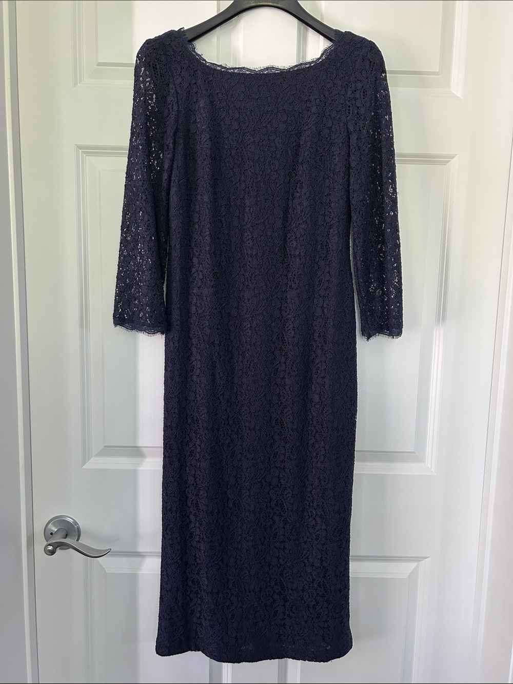 Adrianna Papell Navy Lace Midi Dress with Three-Quarter Sleeves, Women’s size 8